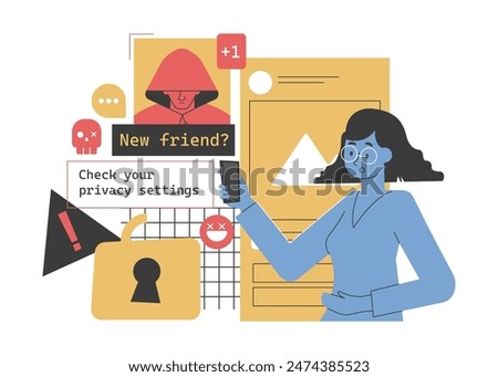 Illustration of a woman checking her privacy settings on a mobile device, with warning icons and messages. Highlights the importance of online safety, digital protection, and data privacy.