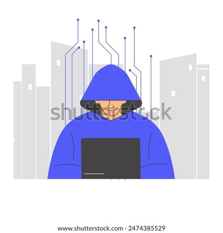 Hacker in a hoodie using a laptop with a cityscape in the background, highlighting the dangers of cybercrime, data breaches, and the importance of internet security and digital protection. Vector.