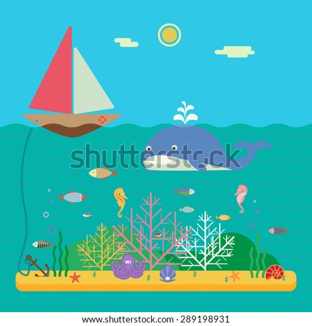 Landscape of marine life - sailing boat in ocean and underwater world with different animals. Vector flat illustration of snorkeling in sea ecosystem. For web and mobile phone,print, infographic.