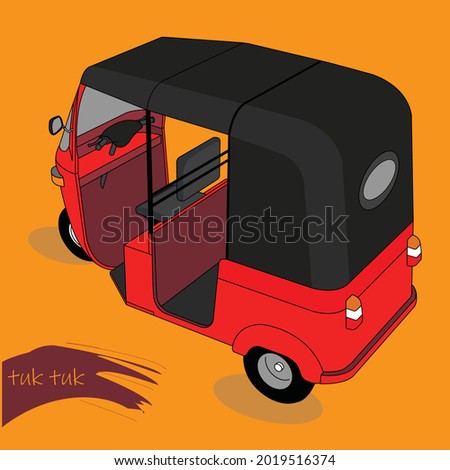 Red Color three wheeler vector illustration. Art work of a tuk-tuk used for transportation mostly in Sri Lanka, India and Thailand