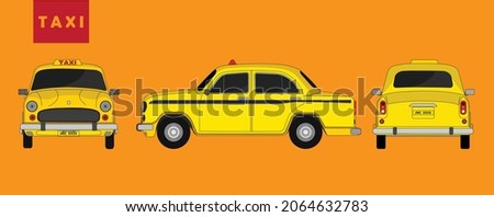 Front, side and back elevations of an Indian yellow color taxi with cartoon effect shapes and black outline.