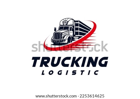 Trucking company logo template design, fast delivery semi trailer truck vector illustration