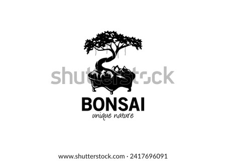 Unique natural bonsai tree logo design, abstract art tree vector silhouette