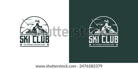 Ski club logo design, polar bear skiing on mountain background, ski club retro badge