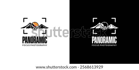 Mountain landscape nature photography logo design with square focus lens frame symbol