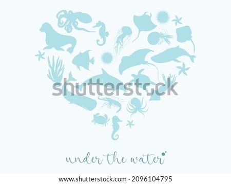 Vector illustration. Under the water on blue background with sea animals and plants silhouette. Water creatures