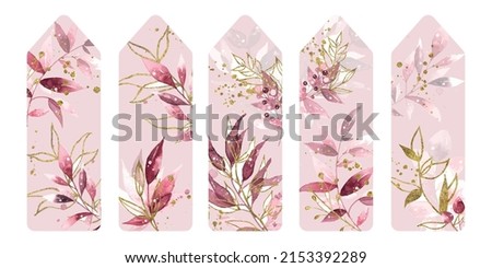 Vector illustration Set of five bookmarks decorated with botanical art texture. Bookmarks with modern creative design with glitter printable template on pink background. Watercolor texture