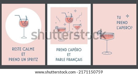 Vector set of postres cards with cocktails. Time to drink text. Posters collection in inimalistic style with drinks. Bar concept. Aperol spritz art. a4 printable template