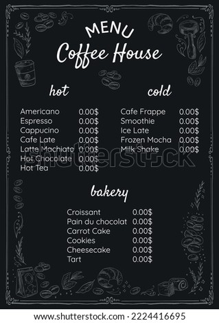 Vector menu for coffee shop. Coffee price list on black background