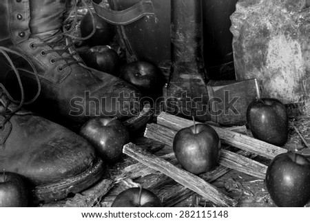 Still life work boots axe firewood kindling ash bucket apple black and white