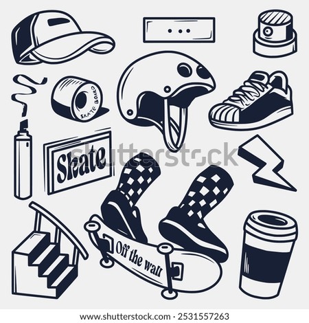 hand drawn skateboard elements collection, hand drawn sketch design. Vector illustration