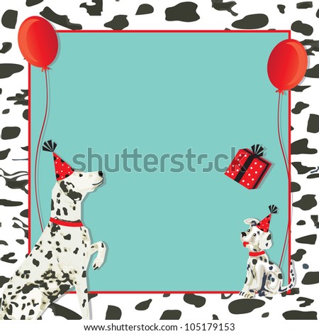 Dalmatian dog invitation and puppy dog with party hats, gift and red balloons on a spotted dalmation black and white background.