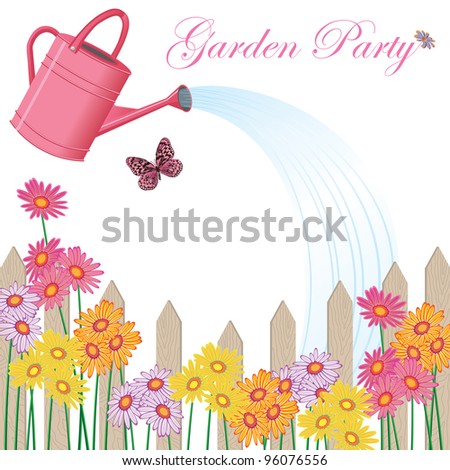Garden Party Shower Invitation Pink watering can showers the flowers against a picket fence with a single  pink butterfly