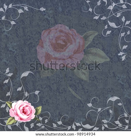Denim and Floral Wedding Invitation Announcement with large faded rose center and a boarder of vines with a single pink rose in the corner.