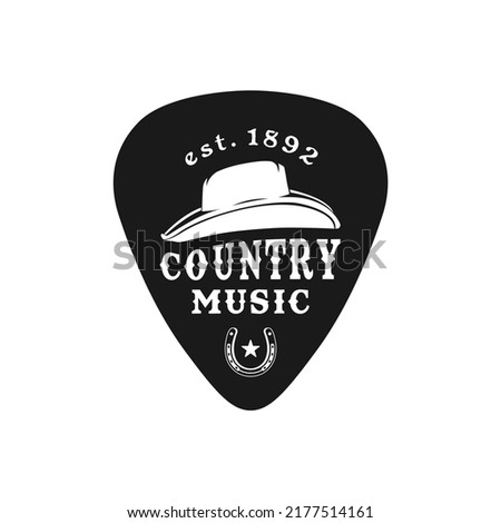 Guitar Pick With Cowboy Hat Icon For Western Country Music Symbol Emblem Vector Design