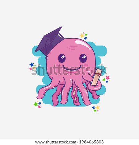 cute octopus cartoon vector illustration. Funny, happy, cheerful octopus celebrate graduation with hat, carter, tentacles, element. Good for icon, greeting card, logo, mascot, symbol.