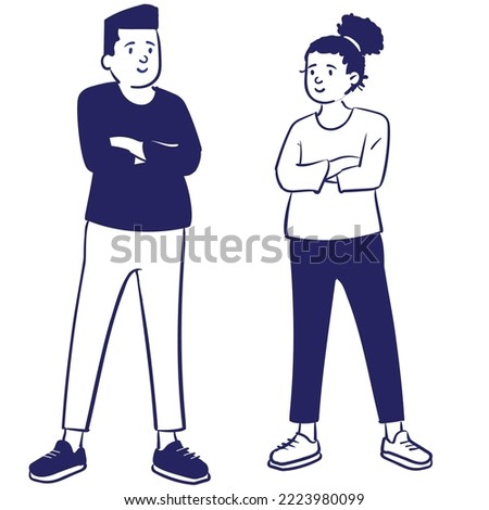 young boy and girl are standing next to each other with crossed arm. illustration can be used for business purposes, gossip, for college, university and while using technology 
