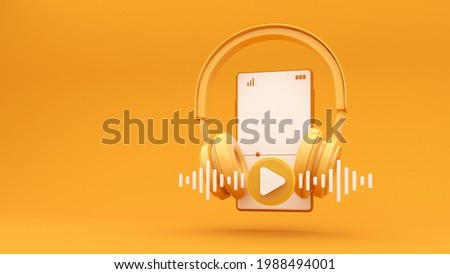 Wireless headphones with smartphone and flying notes - 3d render. Concept for online music, radio, listening to podcasts, books at full volume. Digital illustration for mobile music app, song.