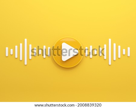 Sign, logo button with flying notes - 3d render. Concept for online music, radio, listening to podcasts, books at full volume. Digital illustration for music app, song.