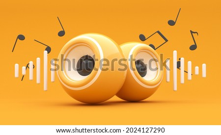 Music column, sub-woofer with a mobile phone and flying notes - 3d render.Concept for online music, radio, listening to podcasts, books at full volume. Digital illustration for mobile music app, song.