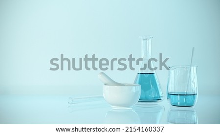 Laboratory flask and test tube, glass medical equipment - 3d render. Vessel for chemical laboratories, research, microbiology, biotechnology, testing and development of viruses and cosmetics. Stockfoto © 