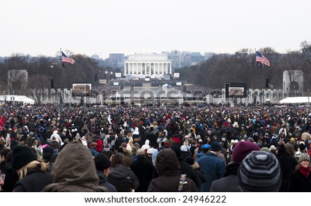 WASHINGTON, DC - JAN 18: People crowd the Lincoln Memorial for an all-star concert celebrating the 2009 inauguration of Barack Obama.