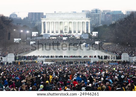 WASHINGTON, DC - JAN 18: People crowd the Lincoln Memorial for an all-star concert celebrating the 2009 inauguration of Barack Obama.