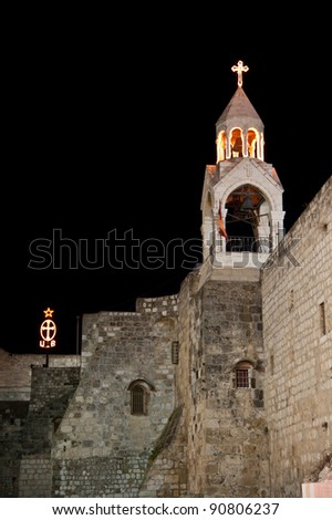Lights decorate steeples of the Church of the Nativity, traditional site of the birthplace of Jesus Christ, in the West Bank town of Bethlehem.