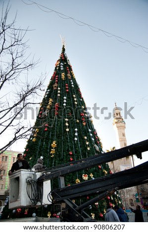 BETHLEHEM, OCCUPIED PALESTINIAN TERRITORIES - DECEMBER 11: Workers put finishing touches on the Christmas tree in Manger Square near a mosque in the West Bank town of Bethlehem on Dec 11, 2011.