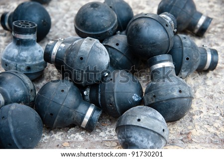 BETHLEHEM, OCCUPIED PALESTINIAN TERRITORIES - DECEMBER 22: Israeli tear gas grenades gathered by Palestinian activists on Dec 22, 2011. The grenades are made in the USA by Combined Tactical Systems.