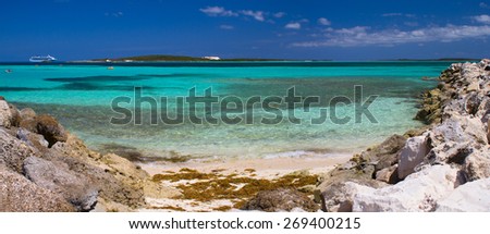 Beautiful caribbean beach with clear blue water. Coco-Cay private beach, Bahamas.