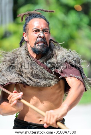 ROTORUA, NEW ZEALAND - 30 JANUARY 2015: Maori tribes traditional greeting show. Vicinity of Rotorua town. The Maori are the indigenous Polynesian people of New Zealand.