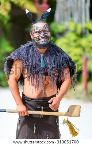 ROTORUA, NEW ZEALAND - 30 JANUARY 2015: Maori tribes traditional greeting show. Vicinity of Rotorua town. The Maori are the indigenous Polynesian people of New Zealand.