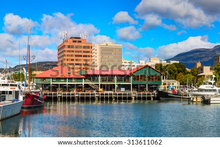 HOBART CITY, AUSTRALIA - 12 MARCH 2015: Franklin wharf in the downtown of Hobart City. Main quay is the most famous place for tourists and locals as well. Hobart, Tasmanian Island. Australia