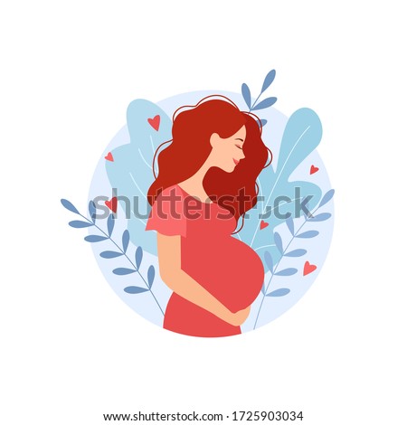 Happy pregnant woman holds her belly. Decorated beautiful leaves. Decorated beautiful leaves.Vector illustration.