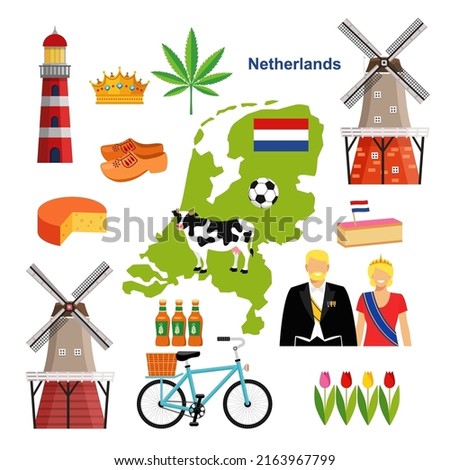 Vector illustration in cartoon style with symbols of Netherlands. Holland set of elements.                    