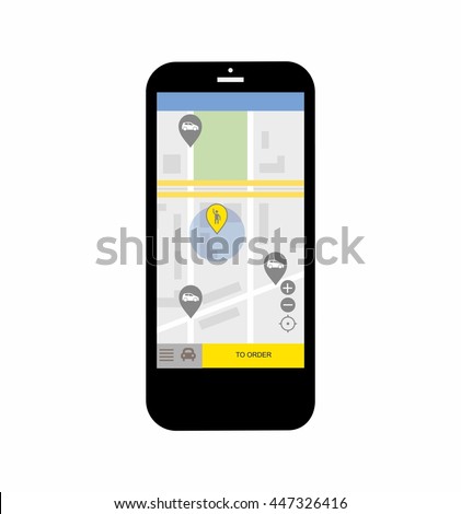 Transportation network app, calling a cab by mobile phone concept, modern smartphone with application for online taxi service order on screen sign isolated on white