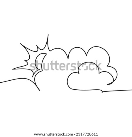 Summer one line icon. One continuous line of images of the sun shining brightly during the day hiding behind the clouds on the left side. Vector illustration of sun and clouds.