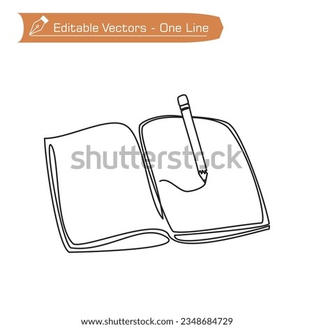 Book and pencil modern line art premium icon. One continuous line drawing of notebook and pencil on work table. Vector illustration of a pencil over a notebook on the top right.