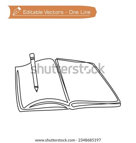 Book and pencil modern line art premium icon. One continuous line drawing of notebook and pencil on work table. Vector illustration of a pencil over a notebook on the top left.