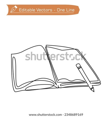 Book and pencil modern line art premium icon. One continuous line drawing of notebook and pencil on work table. Vector illustration of a pencil over a notebook on the bottom right.