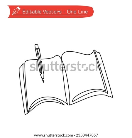 Premium icon back to school line. One continuous line of open books and ballpoint pen on study table. Vector illustration of book and ballpoint pen. Ballpoint pen on top left side of book.