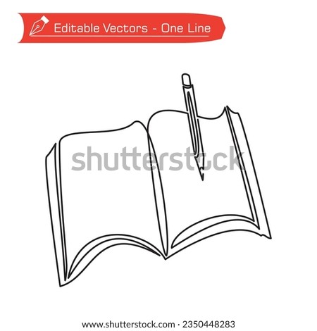Premium icon back to school line. One continuous line of open books and ballpoint pen on study table. Vector illustration of book and ballpoint pen. Ballpoint pen on top right side of book.