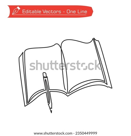 Premium icon back to school line. One continuous line of open books and ballpoint pen on study table. Vector illustration of book and ballpoint pen. Ballpoint pen on bottom left side of book.