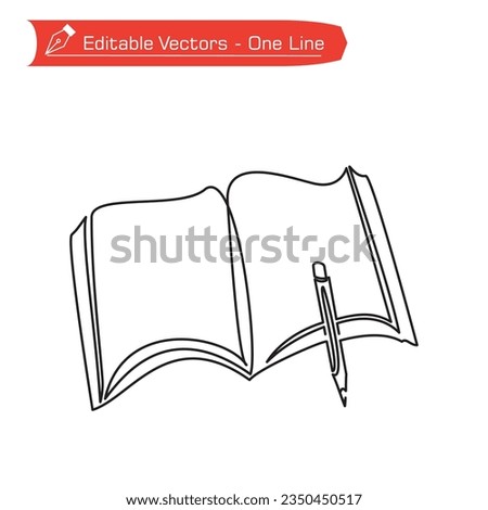 Premium icon back to school line. One continuous line of open books and ballpoint pen on study table. Vector illustration of book and ballpoint pen. Ballpoint pen on bottom right side of book.