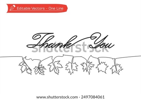 One line handwritten Thank You letter with a frame under hanging autumn leaves. One continuous line of Thank You writing and autumn leaves for gift card.