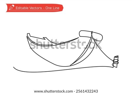 One continuous line of a boat moored on river bank. Vector illustration of single line wooden boat image as an icon, symbol or logo of waters, dock, river, estuary, beach, ocean, and adventure.