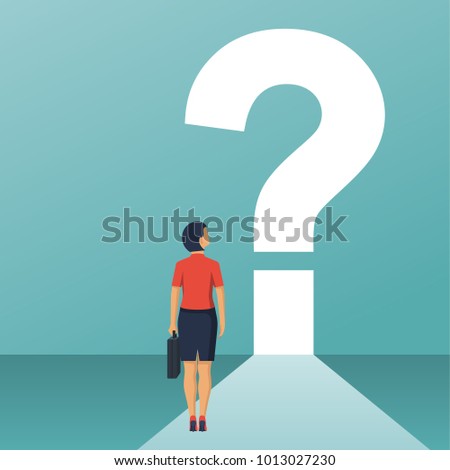 What's next concept. Big question mark on a way. Businesswoman in suit with briefcase faces an unknown open. Vector illustration flat design. Isolated on white background.