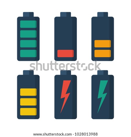 Collection battery. Set of batteries with different levels of charge. Energy power. Vector illustration flat design. Isolated on white background. Accumulator electrica. Charging of capacitive devices