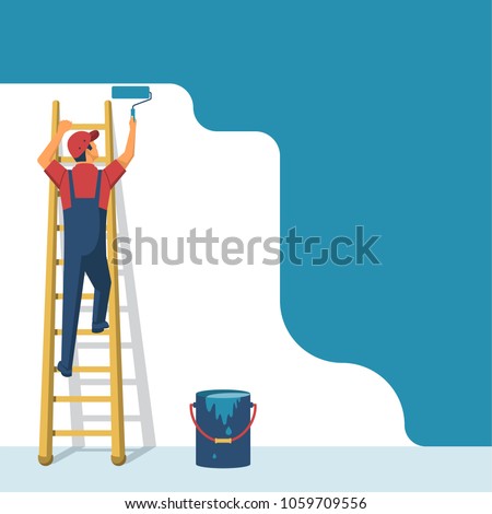 Painter standing on staircase paints the wall. Man is holding paint roller in hand. Vector illustration flat design style. Human runs to provide construction work. Customer Service. Worker in uniform.